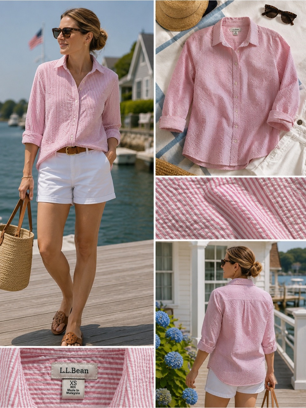 LL Bean Pink Seersucker Shirt XS 100% Cotton Button Down Coastal Preppy